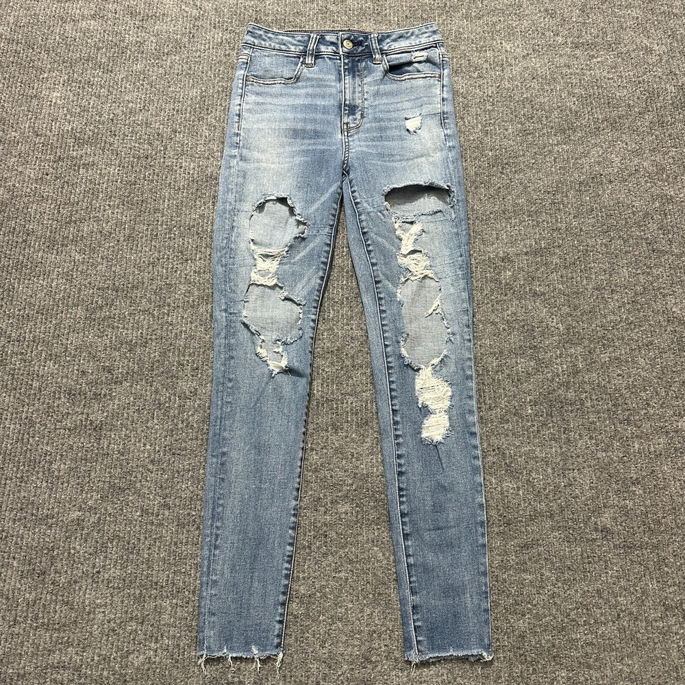 American Eagle‎ Super Hi-Rise Jegging 2 Blue Denim Distressed Next Level Stretch